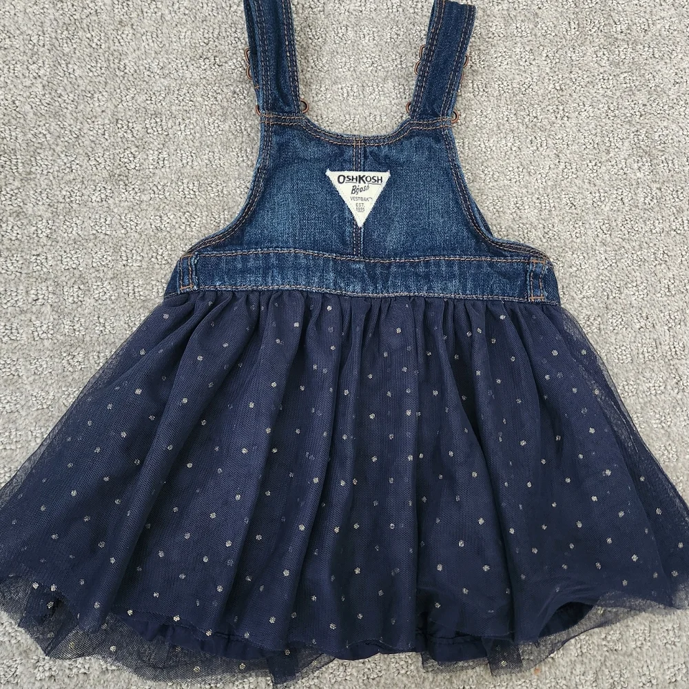 Oshkosh B’Gosh Vestbak Overall Dress Navy Tulle Sparkle Polka Dot Size 18 Months
